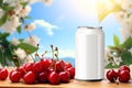 Mockup of a white aluminum can with a refreshing drink or beer. Beautiful summer background and sky. copy space.