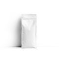 Mockup of a white bag for coffee with a degassing valve, packaging near the wall, isolated on background