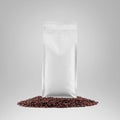 Mockup of a white bag standing on coffee beans, stabilo coffee pouch with space for design, branding, advertising