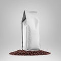 Mockup of a white bag standing on coffee beans, front view, side view, stabilo coffee pouch, isolated on background, close-up