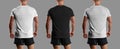 Mockup of white, black, heather t-shirt on muscular male body, back view, men's clothing, isolated on background. Set Royalty Free Stock Photo