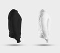 Mockup of white and black textile sweatshirts with straight arms, side view, male blank pullover with long sleeves, for