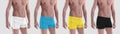 Mockup white; black, Ukrainian colors swimwear, trunks on guy, summer panties isolated on background, front view Royalty Free Stock Photo