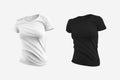 Mockup of a white, black women`s T-shirt, sportswear 3D rendering, front view, for design, advertising in an online store