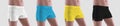 Mockup white; black, yellow, blue trunks on a man, boxers for swimming, for design, pattern, print, front view Royalty Free Stock Photo