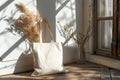 Mockup of white blank canvas tote bag with background, eco textile shopping sack with copy space, AI generated