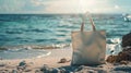Mockup of white blank canvas tote bag with sea landscape on background, eco textile shopping sack with copy space, AI Royalty Free Stock Photo