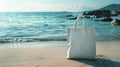 Mockup of white blank canvas tote bag with sea landscape on background, eco textile shopping sack with copy space, AI Royalty Free Stock Photo