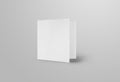 Mockup of a white blank trifold, front view, standard standing roll fold brochure, isolated on background