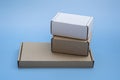 Mockup of white cardboard box and brown cardboard box on blue background. With place for text. copy space