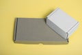 Mockup of white cardboard box and brown cardboard box on yellow background. place for text. form