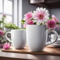 Mockup white coffee cup on a background of flowers