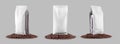 Mockup of white coffee pouch gusset, set of transparent packaging, presentation on coffee beans, isolated on background