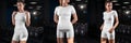 Mockup of a white compression suit on a girl in the gym. Set of T-shirts, shorts Royalty Free Stock Photo