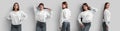 Mockup of a white crop sweatshirt on a beautiful posing girl in gray jeans, isolated on background, front, back, side Royalty Free Stock Photo