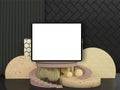 Mockup of white digital tablet on fashion abstract backgrounf. 3D render. Black and gold colors. Presentation mockup