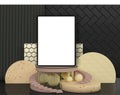 Mockup of white digital tablet on fashion abstract backgrounf. 3D render. Black and gold colors. Presentation mockup