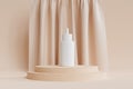 Mockup white dropper bottle with serum for cosmetics products or advertising on beige podium or pedestal with curtains