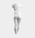 Mockup of a white female tracksuit, short t-shirt, crop top, leggings, 3D rendering, back view, compression underwear, isolated on