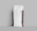 Mockup of white gusset packaging for coffee beans, transparent coffee pouch for presentation, design, pattern, branding Royalty Free Stock Photo