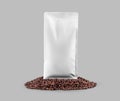 Mockup of white gusset packaging, presentation pouch on coffee beans, isolated on background Royalty Free Stock Photo