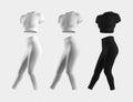 Mockup of white, heather, black compression suit, 3D rendering, crop top, leggings, isolated on background. Set side view
