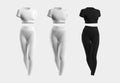 Mockup of white, heather, black compression suit, 3D rendering, crop top, leggings, isolated on background. Set front view