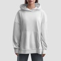 Mockup of white hoodie with pocket on girl, shirt for design