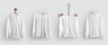 Mockup white hoodie with zipper on a hanger in hand, front, back view, isolated on background Royalty Free Stock Photo