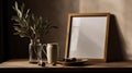 Mockup of white photo frame on wooden table next to jug and vase with an olive branch. AI generated