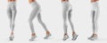 Mockup of women`s white leggings on a fit girl, sweatpants front, side, back, for presentation of design and advertising in the