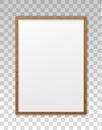 Mockup wood frame photo on wall. Mock up wooden picture framed. Vertical boarder with shadow. Empty photoframe a4 isolated on back