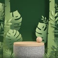 Mockup Wood Podium Display With Green Tropical Forest Paper Art Concept Abstract Background 3d Render