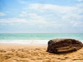 Mockup Wood on Sand Beach Sea Shore Water with Blue Sky Horizon Summer Tropical Seascape white Table Old Vintage Product