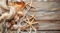 Mockup of wooden blank surface and seashells, starfish, Pebble, sea theme natural eco background with copy space, AI Royalty Free Stock Photo