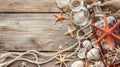 Mockup of wooden blank surface and seashells, starfish, Pebble, sea theme natural eco background with copy space, AI Royalty Free Stock Photo