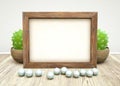 Mockup of wooden frame, pearls, green succulent plant in ceramic on wooden table