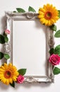 mockup of wooden frame with sunflowers, roses and copy space on white background for greeting card Royalty Free Stock Photo