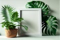 Mockup of a wooden frame in a white, basic setting, trendy scene with green