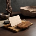 A mockup for wooden name tag and cards with wooden tray for natural minimalist product Royalty Free Stock Photo