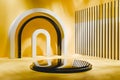 Mockup yellow tone scene with geometric shapes and empty platform