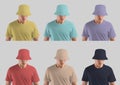 Mockup of yellow, violet, dark blue, tan, nude, red, turquoise guy hat, headdress for commerce, design, pattern, brand. Set Royalty Free Stock Photo