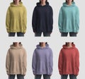 Mockup yellow, violet, dark blue, tan, nude, red, turquoise hoodie, female sweatshirt on a girl, front view