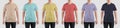 Mockup of yellow, violet, dark blue, tan, nude, red, turquoise t-shirt on guy in jeans, isolated on background