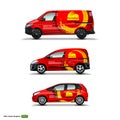 Mocup set with advertisement on Red Car, Cargo Van, and delivery Van. Royalty Free Stock Photo