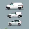 Mocup set of White Car, Cargo Van, and delivery Van. Royalty Free Stock Photo