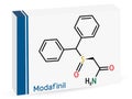 Modafinil molecule. It is stimulant, wakefulness promoting agent. Skeletal chemical formula. Paper packaging for drugs