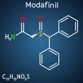Modafinil molecule. It is stimulant, wakefulness promoting agent. Structural chemical formula on the dark blue background Royalty Free Stock Photo
