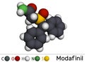 Modafinil molecule. It is stimulant, wakefulness promoting agent. Used in the treatment of narcolepsy. Molecular model