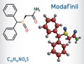 Modafinil molecule. It is stimulant, wakefulness promoting agent. Used in the treatment of narcolepsy. Structural chemical formula